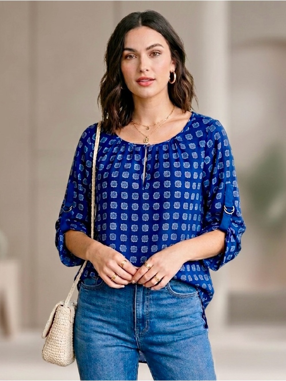 Michael Kors Blue Geometric Print Blouse Small Roll Tab Sleeve Coastal Preppy